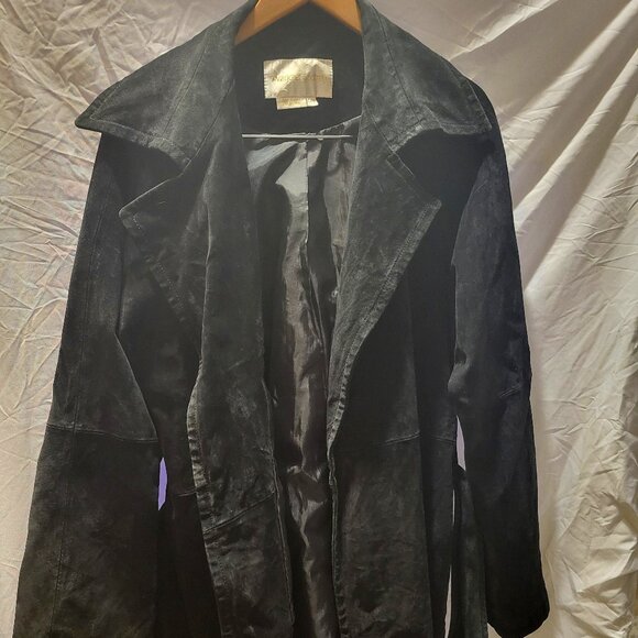 Margaret Godfrey Woman’s Suede Jacket Open Front Belted Black - Picture 1 of 7